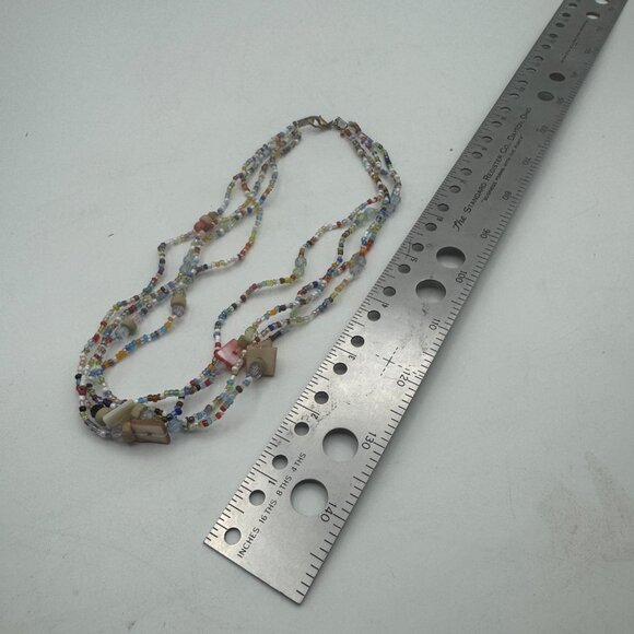 Multicolor Beaded Necklace Four Strand Glass Wood Shell Beads Lobster Clasp - Picture 4 of 5